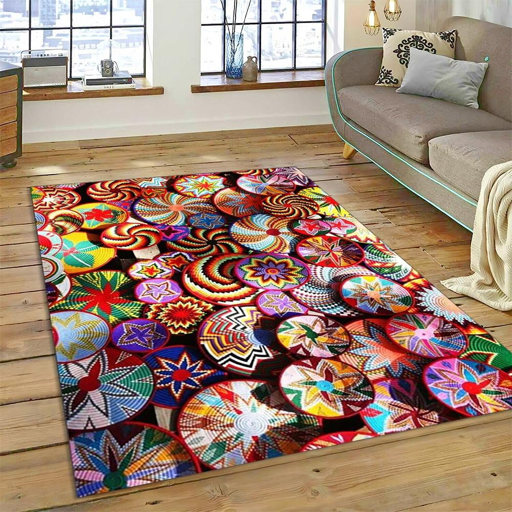 Colorful Crochet Mandala Flannel Area Rug - Boho Ethnic Woven Pattern Print Soft Mat for Living Room, Non-Slip Bohemian Home Decor #BohoMandalaRug #ColorfulCrochetMat #EthnicHomeDecor #2DWovenCarpet #NonSlipFlannelRug