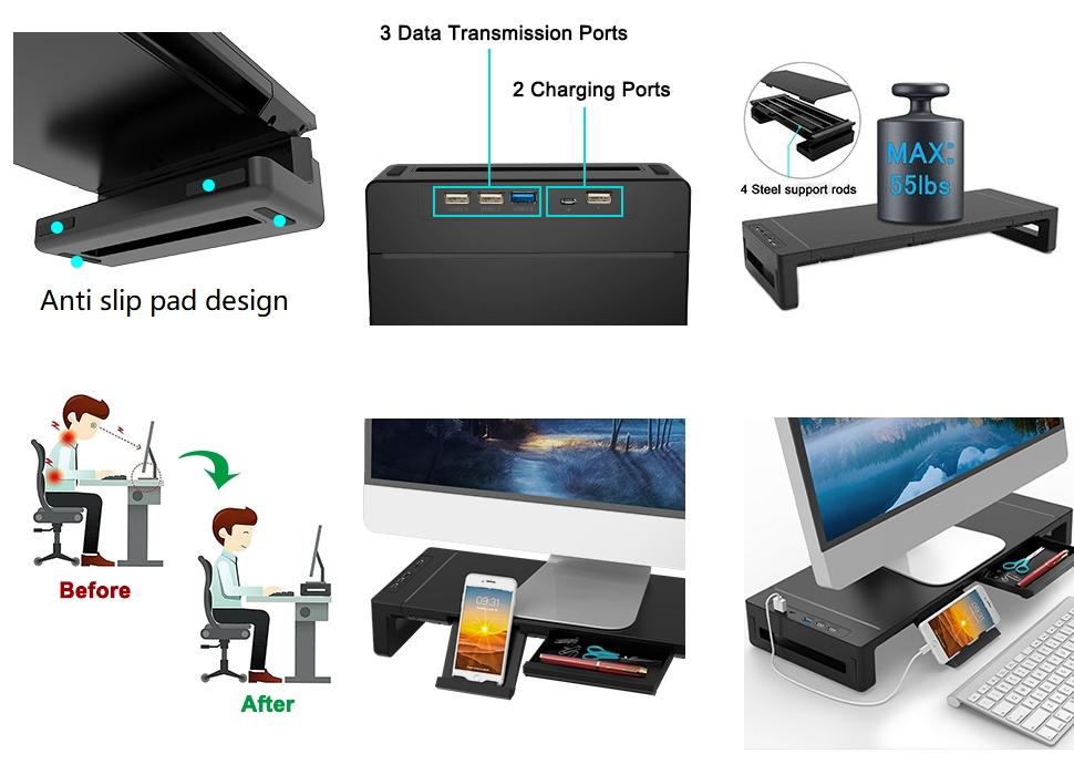 Monitor Stand Riser, Klearlook Foldable, Height Adjustable Computer Stand, Desk Shelf Riser with Storage Drawer &Tablet Phone Stand for Desktop, Laptop