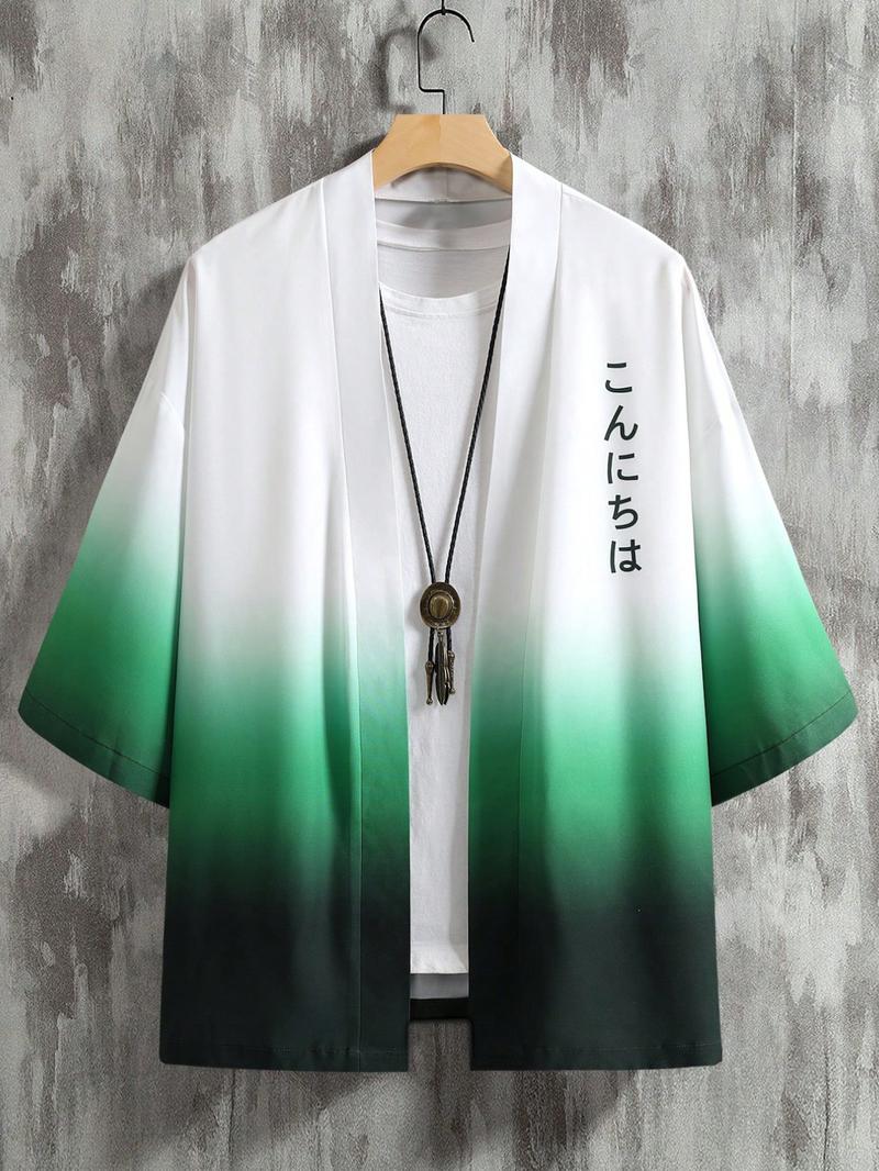 Men's Loose Ombre Kimono with Japanese Letter Graphic, Casual Style, Moderate Fabric, Perfect Gift for Boyfriend, Summer Wear