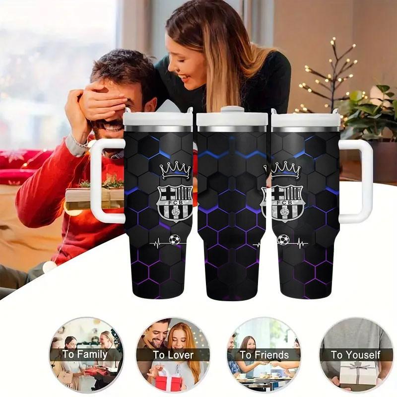 1pc Barcelona Logo Honeycomb Stainless Steel Car Cup, Non-Slip Handle, Large Capacity Water Bottle, Football Theme, 40oz Insulated Cup with Straw