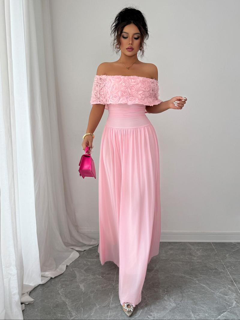 Fashion Elegant One Shoulder Floral Decorated Waist Cinched Long Dress, Fitted Plain Style for Fall & Winter, Women's Clothing