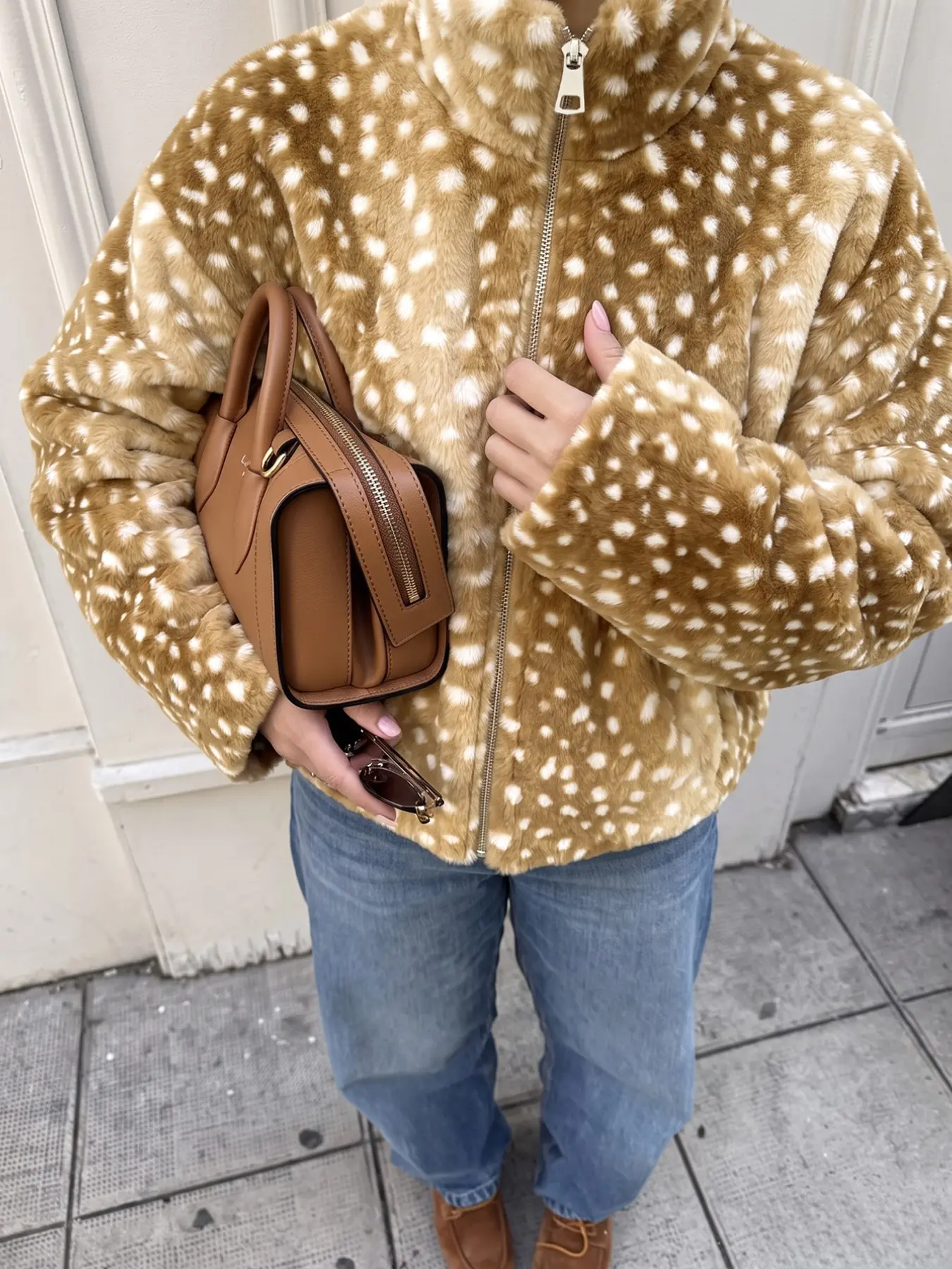 Vintage Fawn Spotted Faux Fur Zip Up Coat, Stand Collar Fluffy Casual Winter Jacket