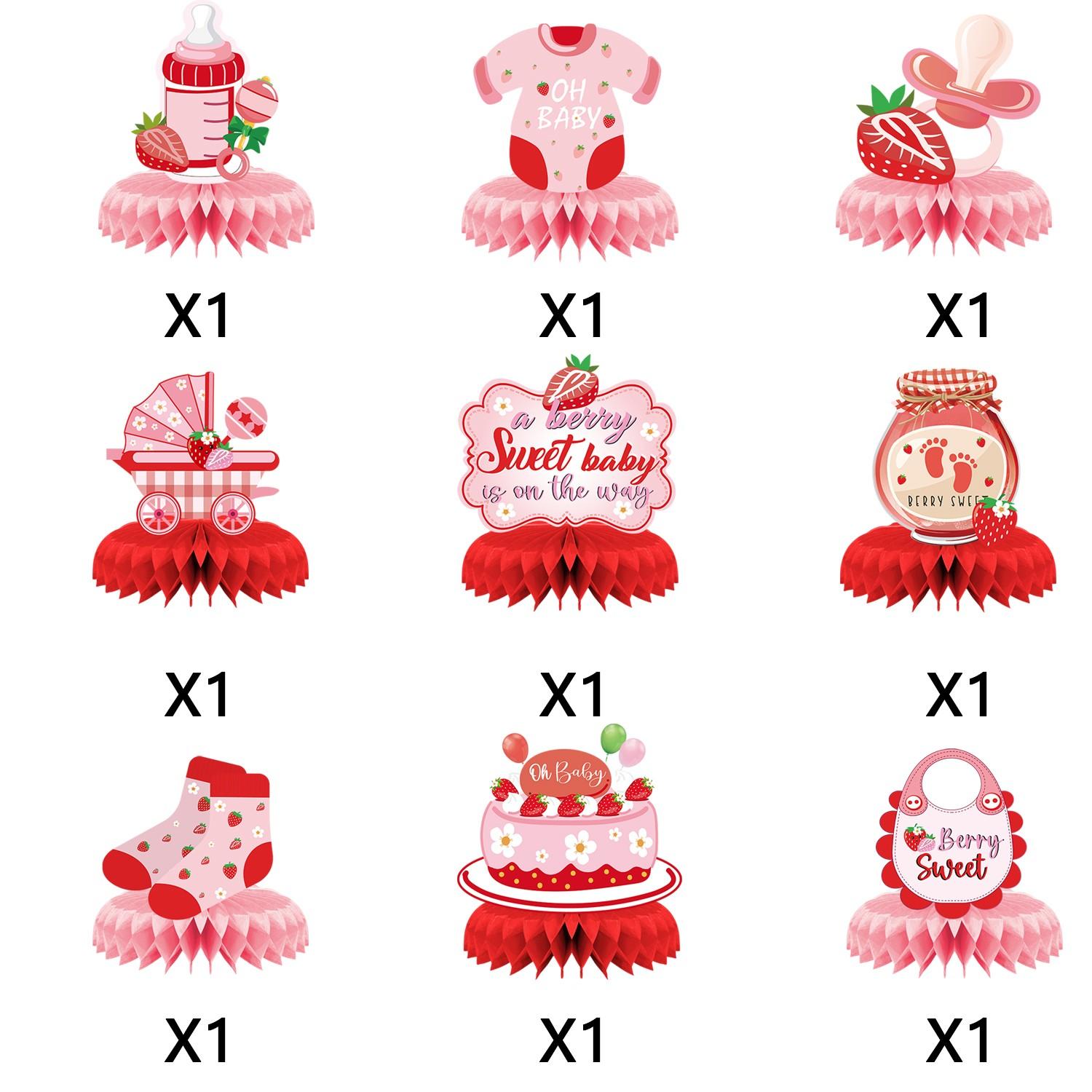 9Pcs Strawberry Baby Shower Decorations, Berry Sweet Baby Shower Honeycomb Centerpieces, Sweet One First Birthday Party Table Decor for Girls, Pink and Red Berry Themed Party Supplies