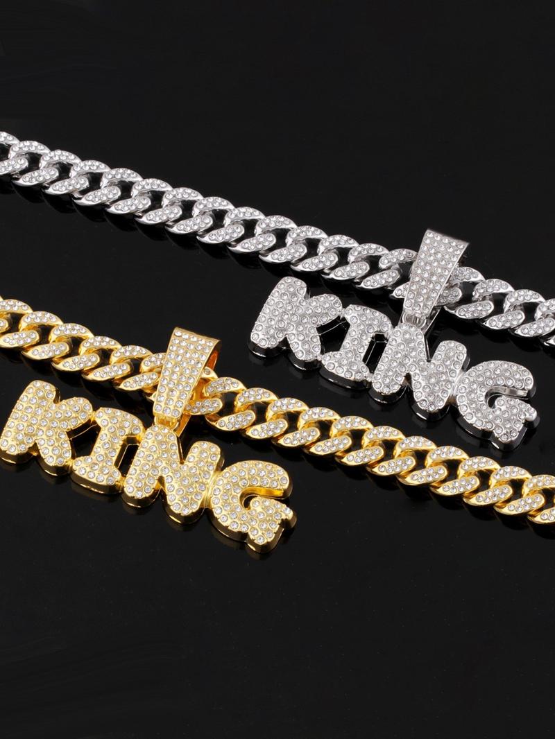 Hiphop Full Diamond King Letter Cuban Chain, Fully Encrusted Detail, Shiny, Unisex Street Style Jewelry, Cuban Link Chain