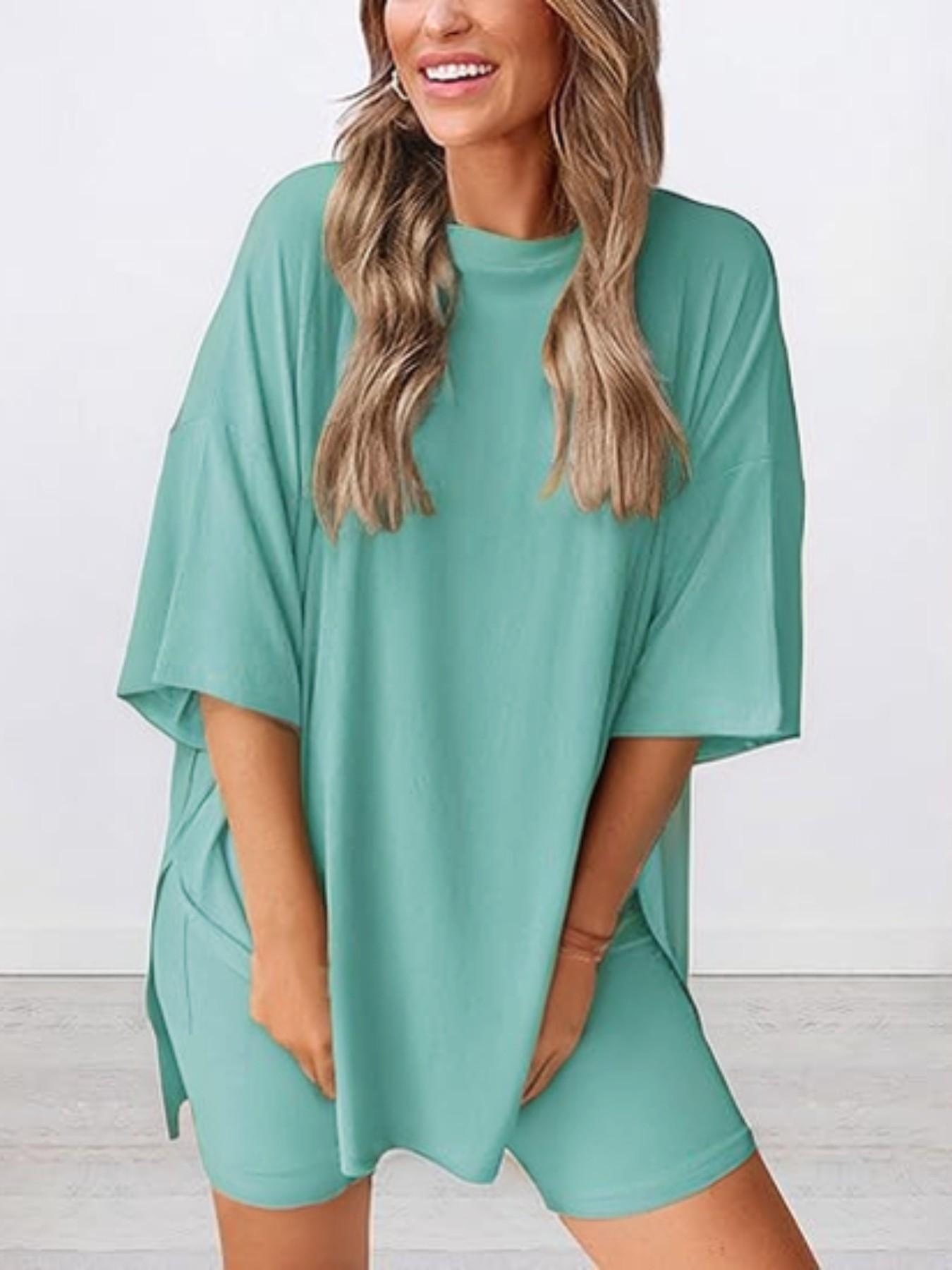 Women's Solid Color T-Shirt and Tight Shorts Set, Summer Comfort Round Neck Pajamas Loungewear, Nightwear, Pocket Design, Suitable for Outdoor Wear