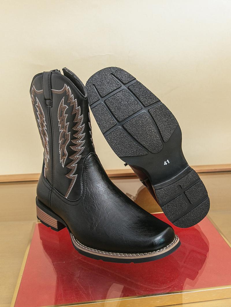 Men's West Wind Resilient Western Boots, Wide Square Toe Cowboy Leather Boots with Snow Feathers Embroidery, Anti-Slip Soft Firm Soles, Classic Western Fashion Footwear for Work, Riding & Daily Walking,mid-calf men,holiday boots