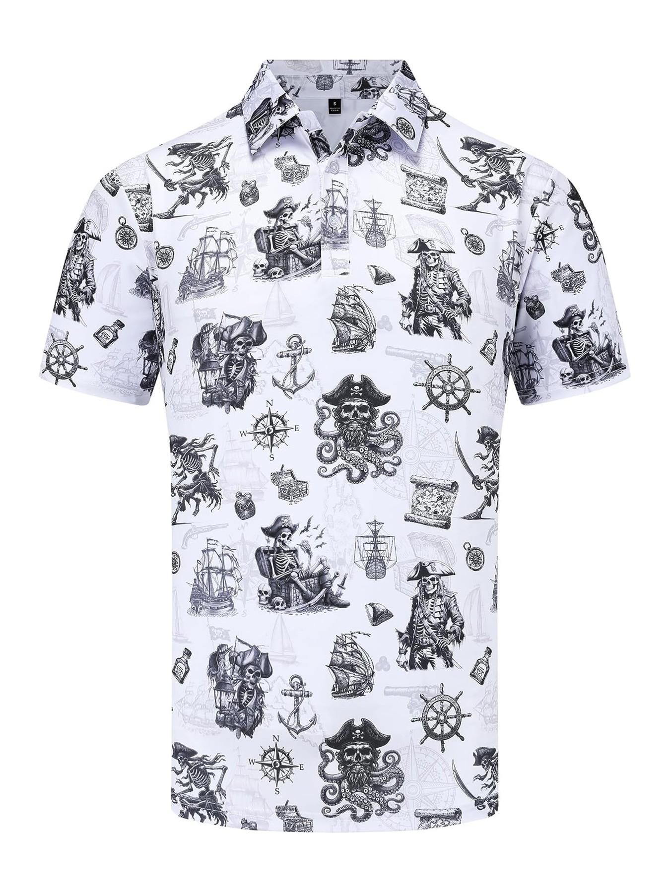 Men's Halloween Theme Polo Shirt, Hand-Drawn Skull Ghost Tombstone Pattern, Short Sleeve, Breathable, Festive Casual Golf Top,Unisex (Recommended ordering one size up),polo shirt for men,deals of the day，halloween costumes for men，halloween costumes
