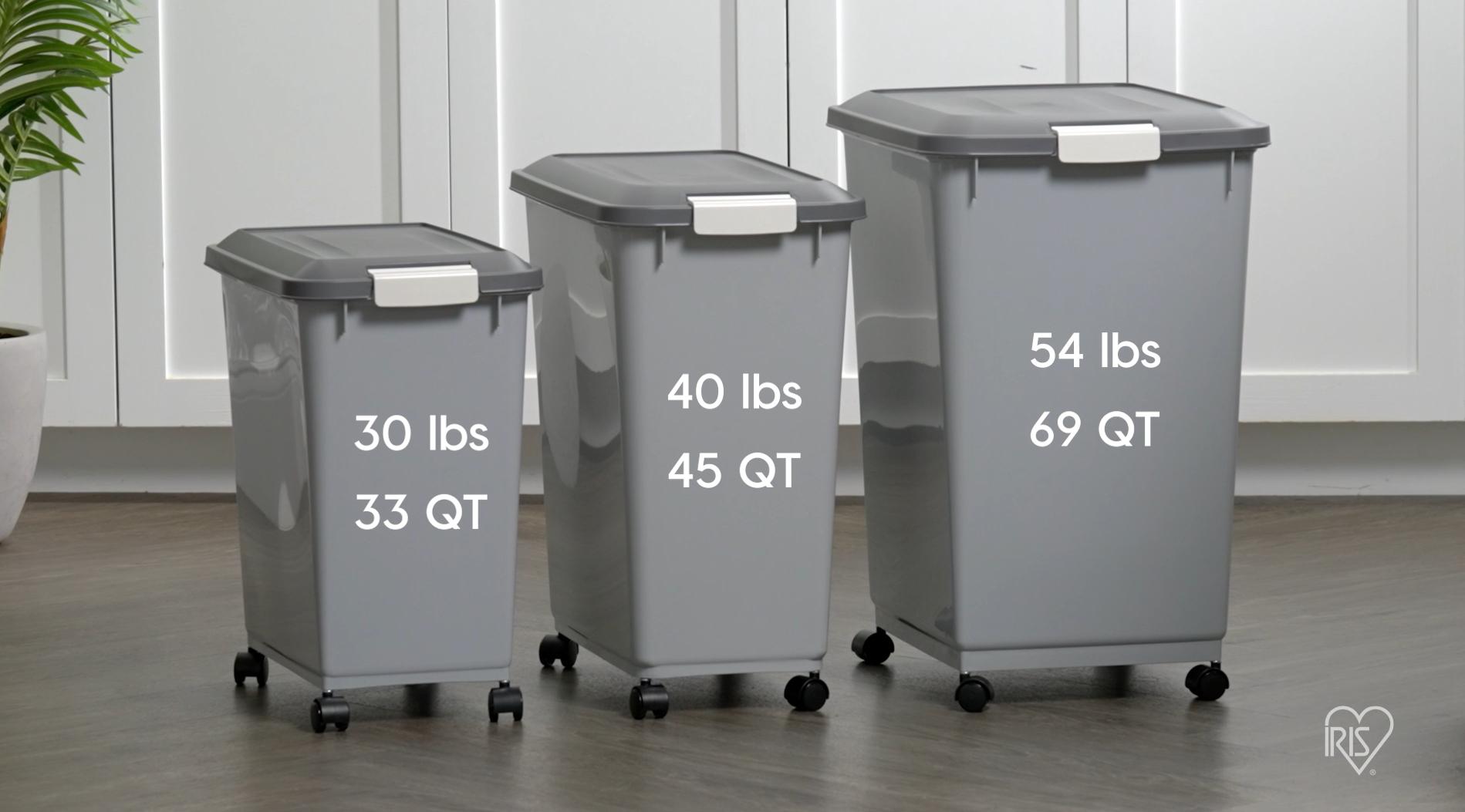 USA Dog Food Storage Container with Wheels, Airtight Lid, 2-Cup Scoop, Up to 40 Pounds Pet Food Storage, Built in Scoop Storage in Lid, Versatile Pet Food Bin, Portable, BPA Free, Gray/Dark Gray