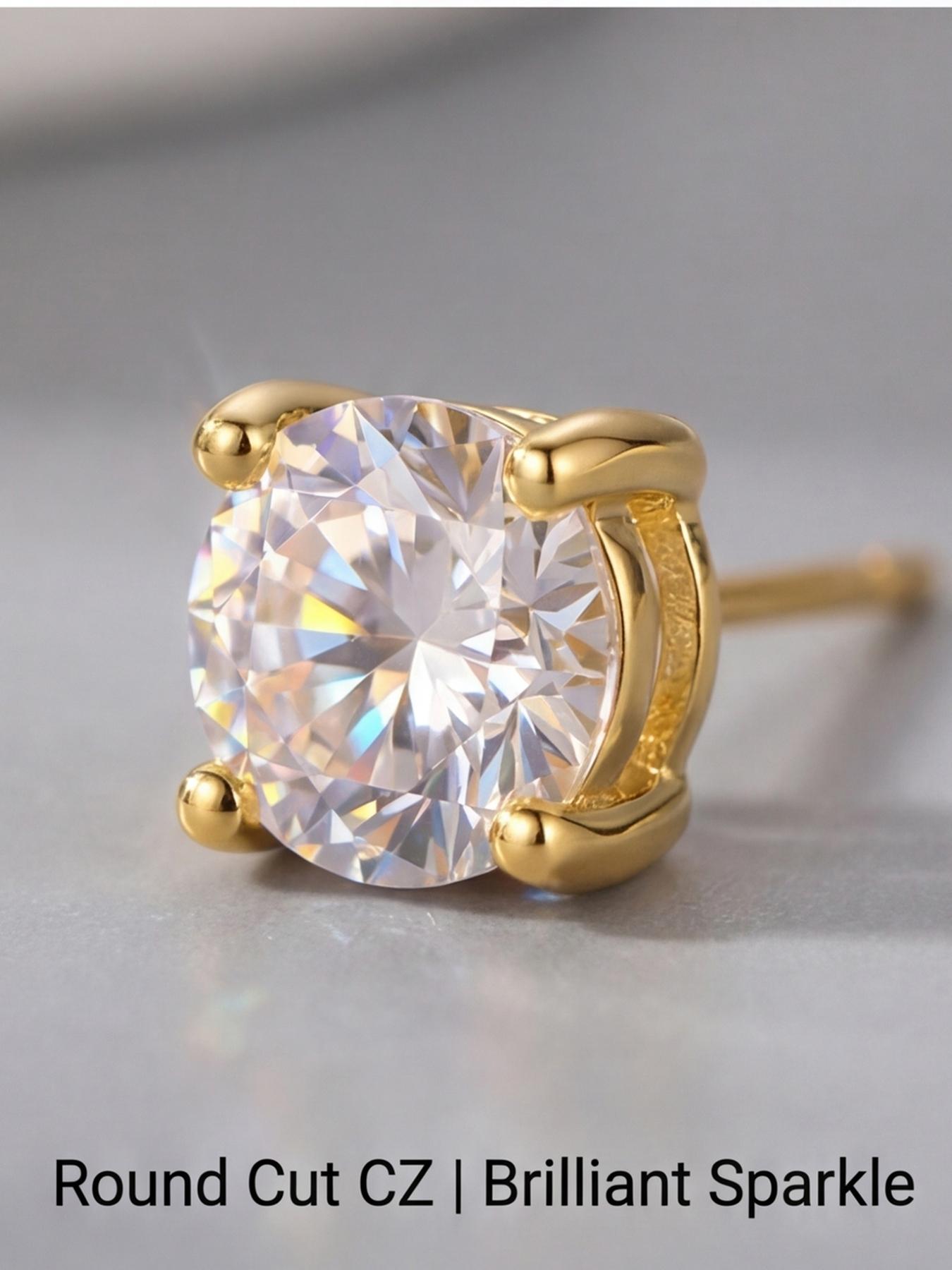 Women's Hypoallergenic Classic 4-Prong Round Cut Clear Crystal Stud Earrings, Gold Plated Solitaire CZ Diamond Stud Earrings, Timeless Minimalist Fashion Jewelry for Everyday Wear Office Wedding & Gift