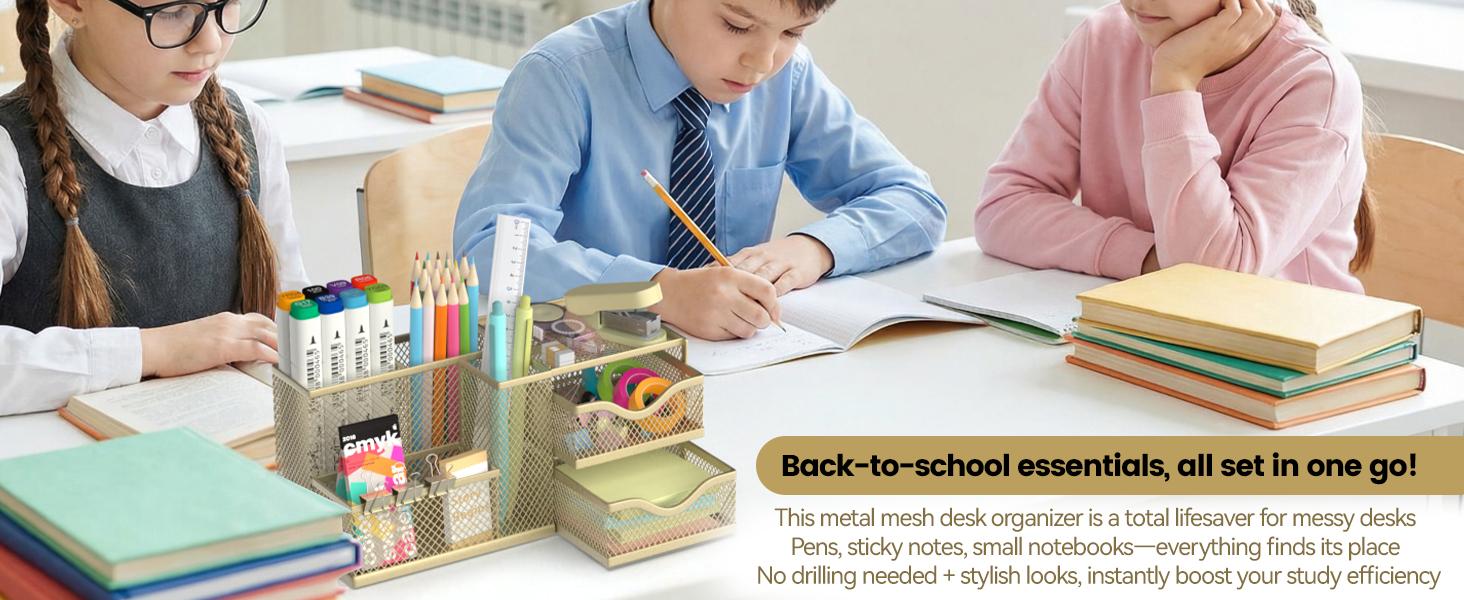 Mesh Desk Organizer, Pen Organizer with 2 Drawers and 5 Compartments, Versatile Pen Holder for Small Space, Desk Organizers and Accessories for School Office Supplies, Gold