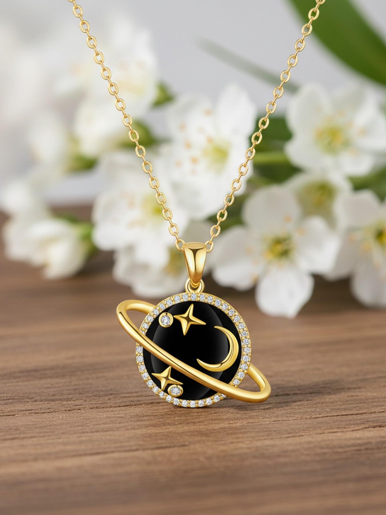 Diamond Saturn Pendant Necklace, 18k Gold Plated Low Allergy, Ideal Jewelry Gift for Mother's Day, Anniversary, Includes Gift Box