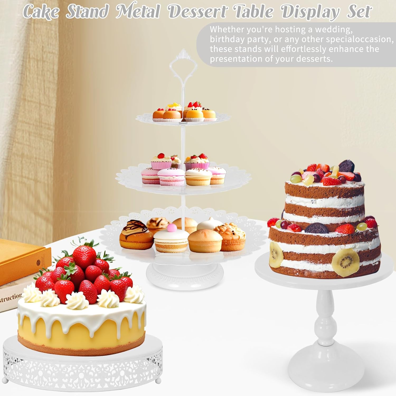 8 count Cake Stand White Metal Dessert Table Display Set, 3-Tier Cupcake Stand, Cake Display Tower and Cookie Tray Rack Serving Tray for Birthday Party, Weddings, Shower (White) 8 count Cake Stand White Metal Dessert Table Display Set, 3-Tier Cupcake Stand, Cake Display Tower and Cookie Tray Rack Serving Tray for Birthday Party, Weddings, Shower (White)