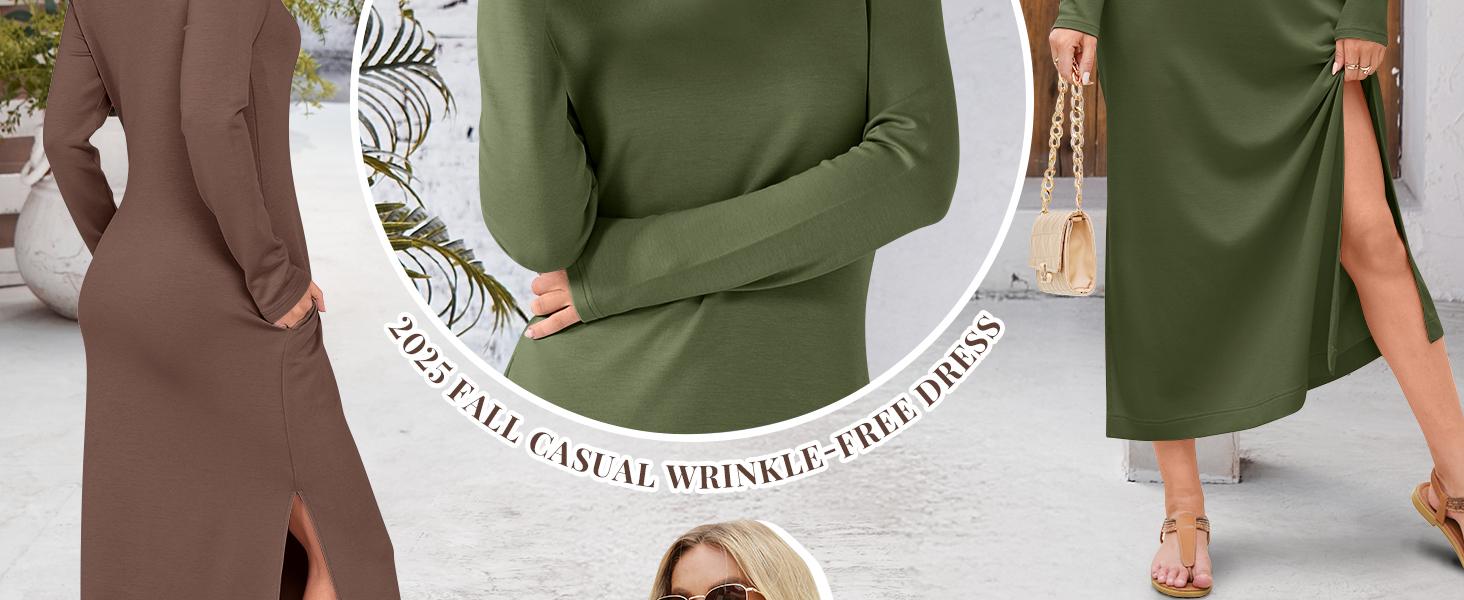 ANRABESS Women Long Sleeve Dresses 2025 Fall Casual Crewneck Loose Fit Split Flowy Wrinkle-Free Travel Vacation Maxi Dress