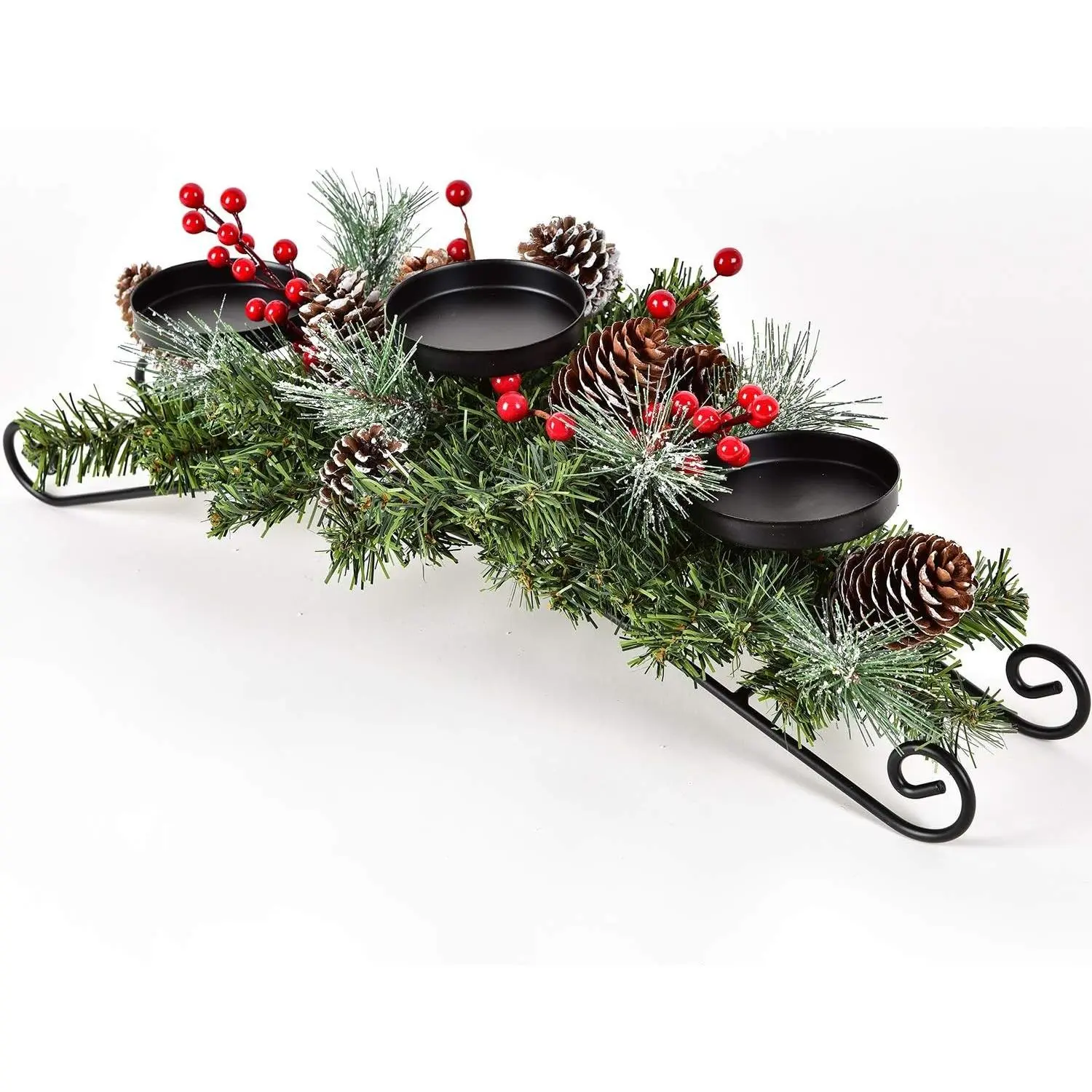 Christmas Candle Holder Centerpiece, Pine Cones and Red Berry Table Centerpiece with 3 Candle Holders Table Accent Centerpiece for Festival Home Decoration 20" x 10" x 6"(L x W x H)