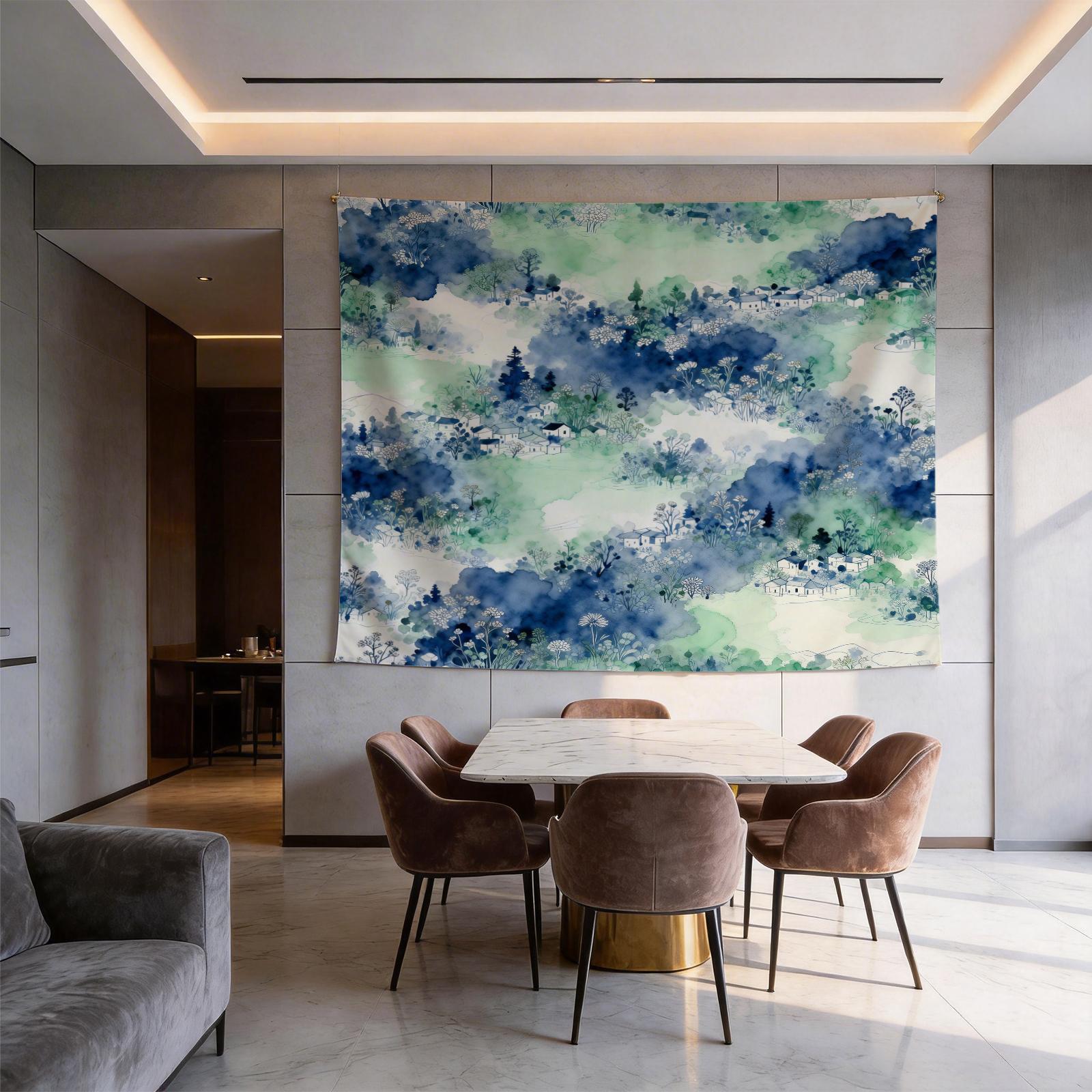 1 Piece Watercolor Landscape Checkered Tapestry, HD Digital Printed Wall Hanging Tapestries, Lightweight Fadeless Aesthetic Room Decor for Bedroom & Living Room, Easy to Hang, Add Vibrant Color to Your Space