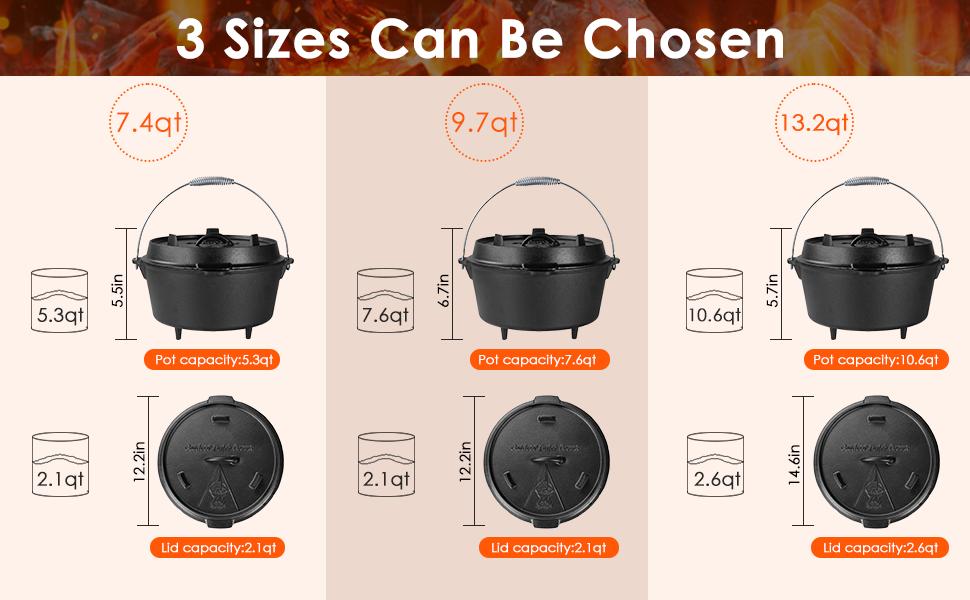 Cast Iron Dutch Oven with Lid,  13.2/8.5/7.8/5 Quart Dutch Oven Pot, Featuring Lid Lifter Handle & Stand, Plus Dual-Function Lid Griddle for Versatile Home Cooking, BBQ, and Baking, Black