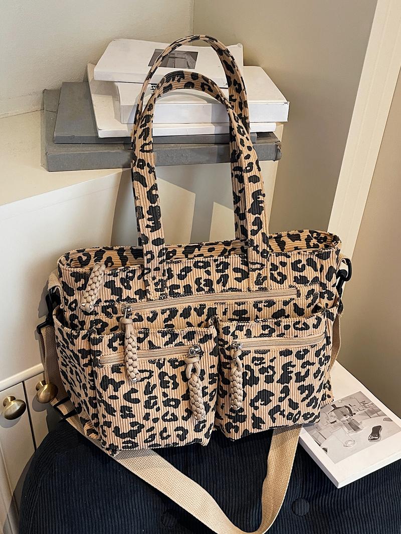 Retro leopard print fashionable shoulder bag, niche minimalist casual shoulder bag, personalized lazy leopard print multi pocket design, practical clown, suitable for students' daily commuting and shopping, Crossbody Tote Bag