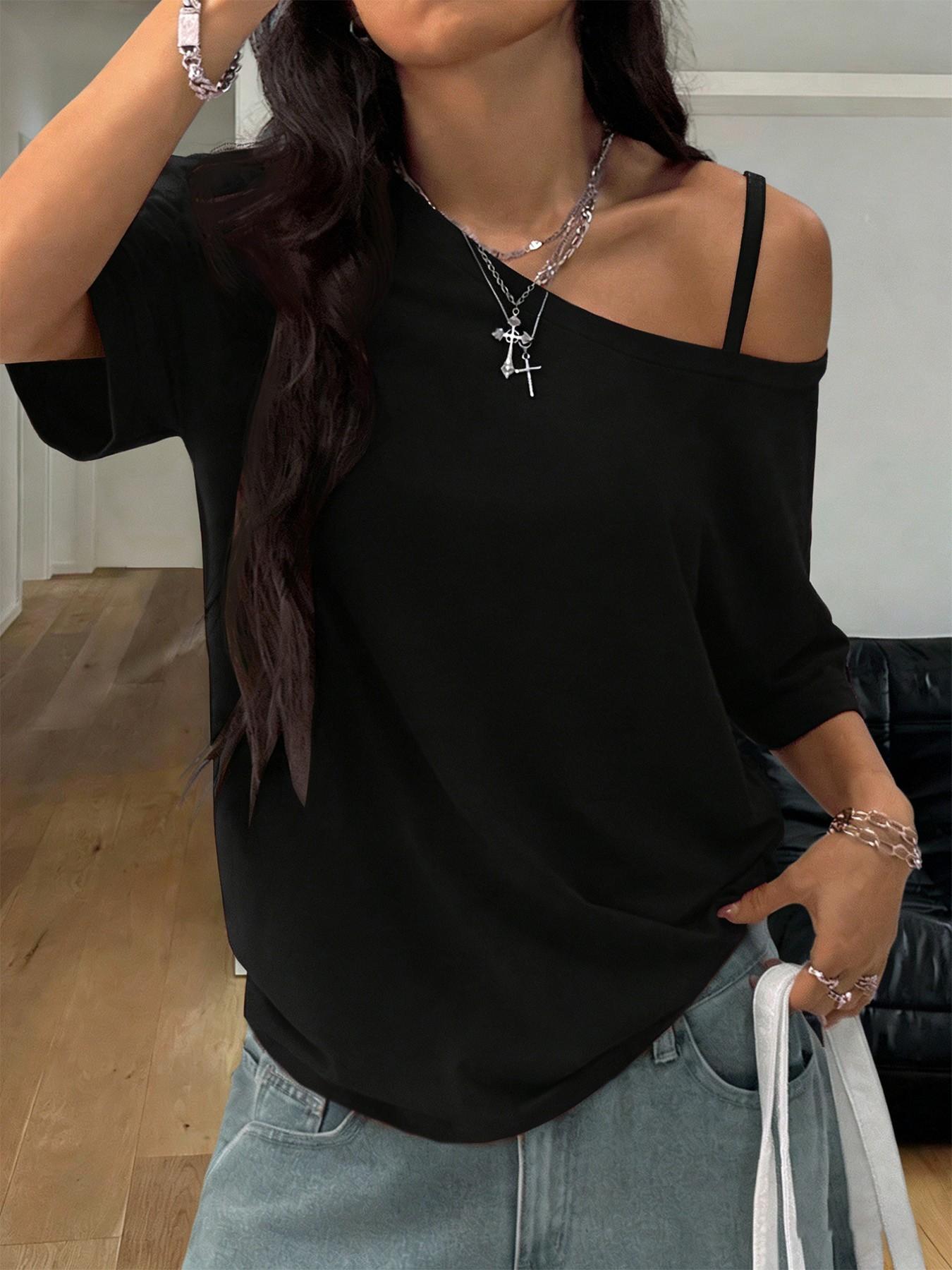 Women's 3 Pack Asymmetrical Off Shoulder Tops Women's Asymmetrical Off-Shoulder Top Set, Casual Half Sleeve One Shoulder Tank Tee, 2026 Trendy Y2K Street Style, Comfortable Loose Fit Casual Street Style Blouse for Teen Girls and Young Women