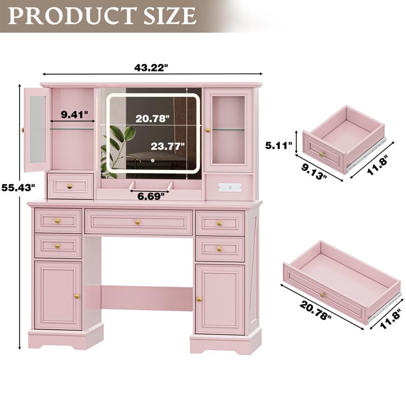 Led Light Vanity,Adjustable Lighting Makeup Vanity Set，Farmhouse Vanity Desk with Mirror and Lights,Large Makeup Table Set with RGB Cabinets,6 Drawers and Storage Shelves Dressing Table for Bedroom Dressing Room，