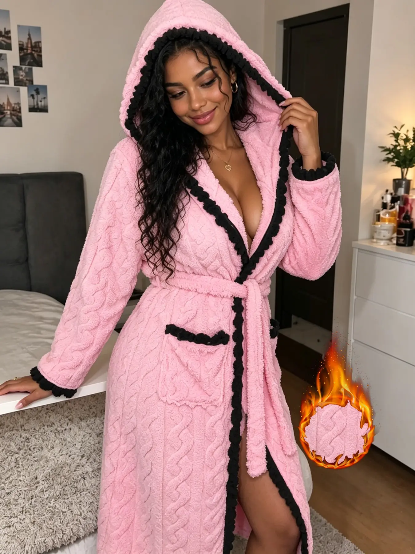 Women's Hooded Sleep Robe, Loungewear, Fall Winter, Practical Large Pockets, Tie Waist, Soft Skin-Friendly, Trim, 1 Piece Set