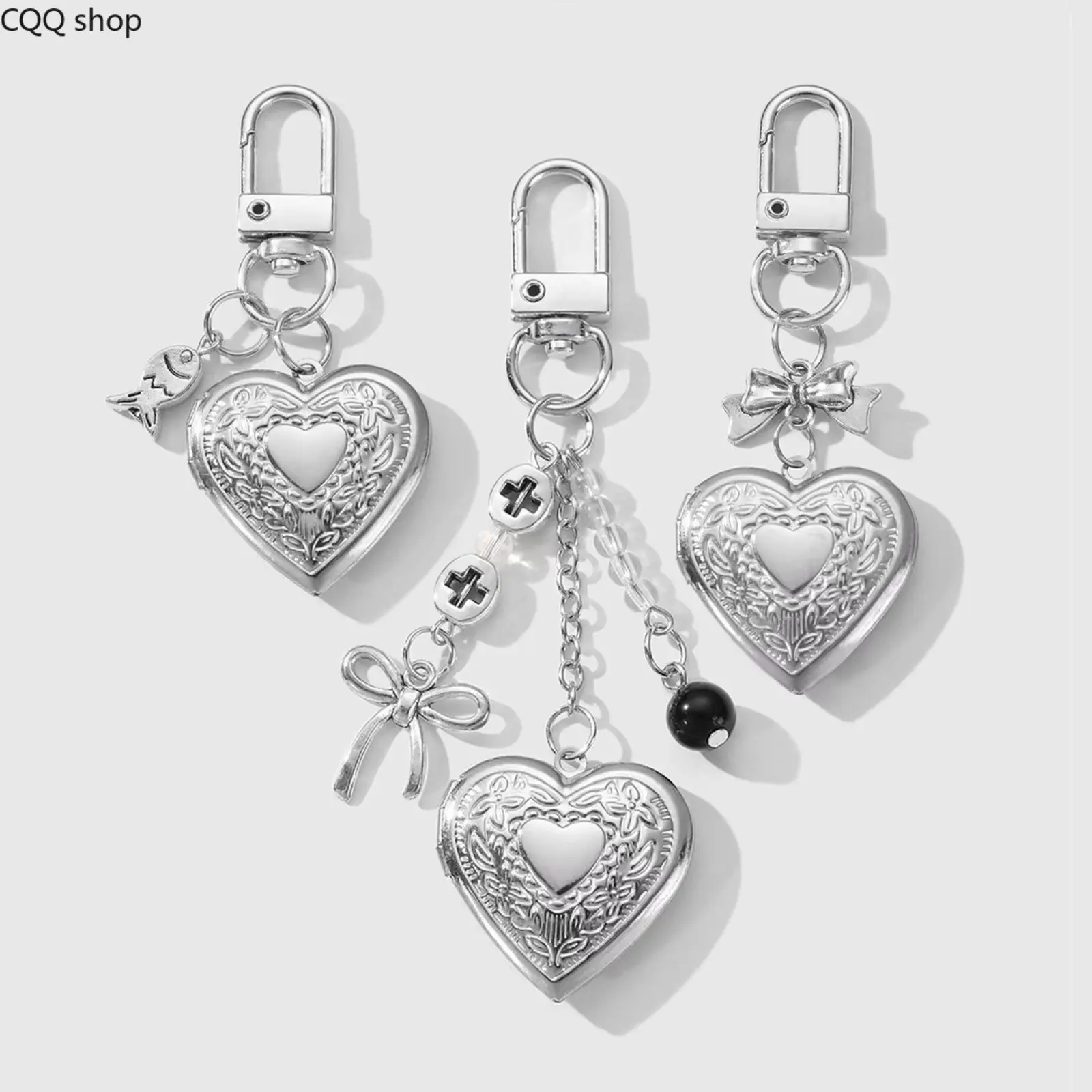Silver Heart Print Locket Bow Keychain for Women, Openable Photo Frame Pendant, Trendy Bag Charm Accessory for Daily Casual Travel Outfits