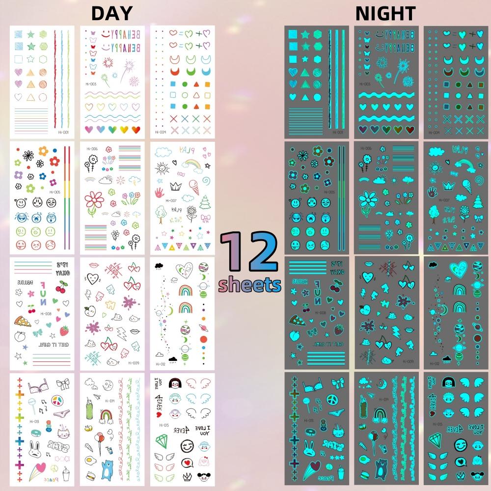 12 Pcs Glow-in-the-Dark Temporary Tattoos | Waterproof Y2K Finger Tattoos, Moon Star Wing Butterfly Flower Designs, Long Lasting 2-5 Days, Body Decorations for Music Festivals, Parties, Prom & Holidays