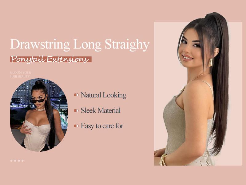 ORSUNCER Ponytail Extensions Drawstring Long Straight Fake Pony Tail Natural Soft Clip in Hair Extension Synthetic Heat Resistant Hairpiece 32 Inch Black For Women