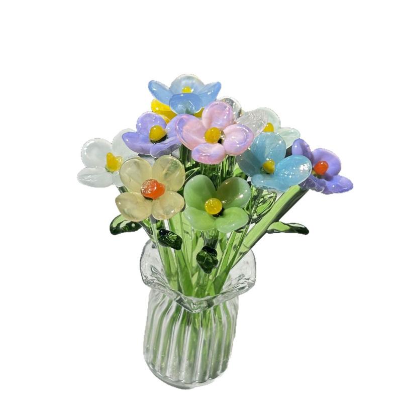 1/2/4/6/11PCS/SET Creative Mini Glass Flowers with Vase European Style Decorative Small Vase Set Elegant Crystal Clear Transparent Floral Bouquet Vase Office Desk Decor For Birthday Anniversary Mother's Day Handmade Glass Flower Bouquet Small Flower Gift