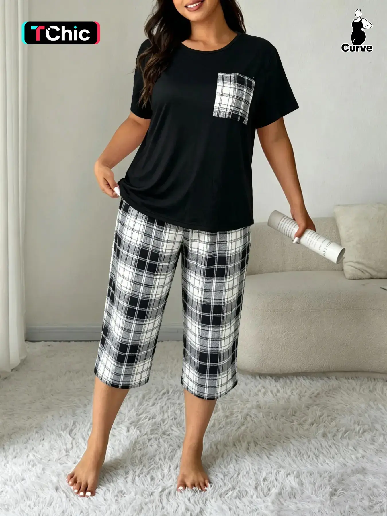 Plus Size Women's Plaid Print Round Neck Short Sleeve Top and Capri Pants Set, Casual Fitted Floral Pajama Set, Comfortable Sleepwear, Loungewear, Pjs, Loungewear Sets