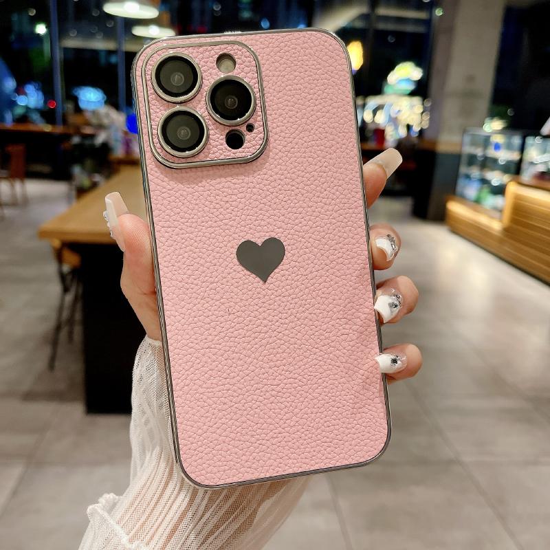 Luxury Solid Color Leather Plating Border Love Logo Phone Case For iPhone 16 Pro Max 14 11 12 13 15 Pro Max Bumper Back Cover