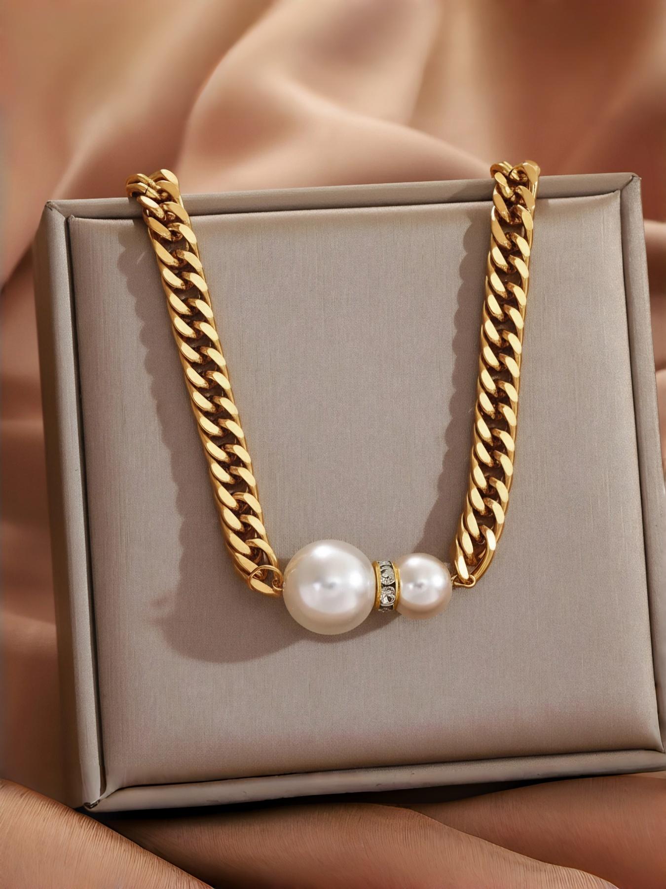 Perfect Size Pearl Stainless Steel Cuban Chain Necklace, Simple Design, Ideal Gift, Daily Wear Jewelry, Elegant and Stylish