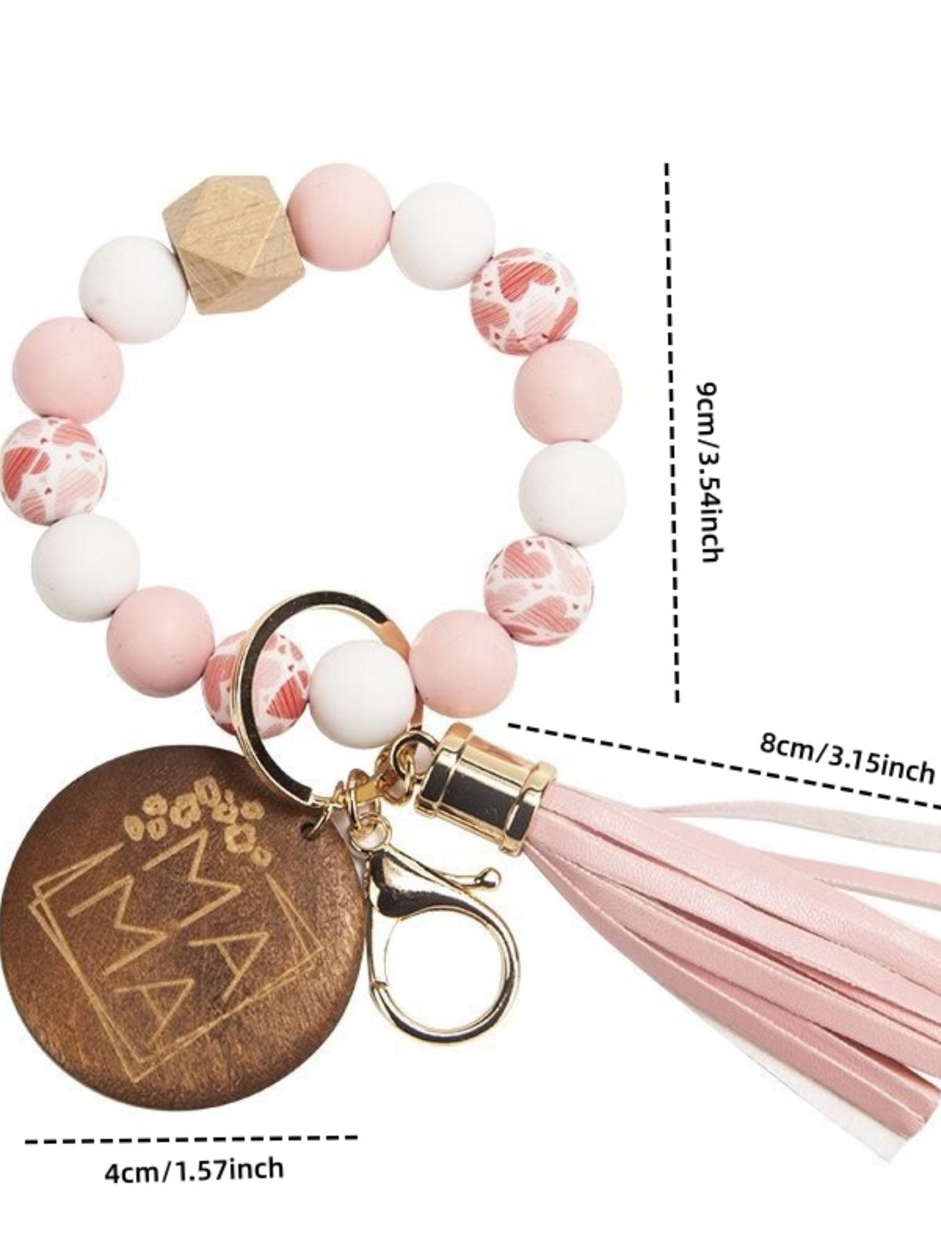 Mother's Day Gift Mama Silicone Bead Wood Slice Fringe Beaded Keychain, Handmade Silicone Bead Bracelet, Elastic Rope Fringe Keychain Bracelet