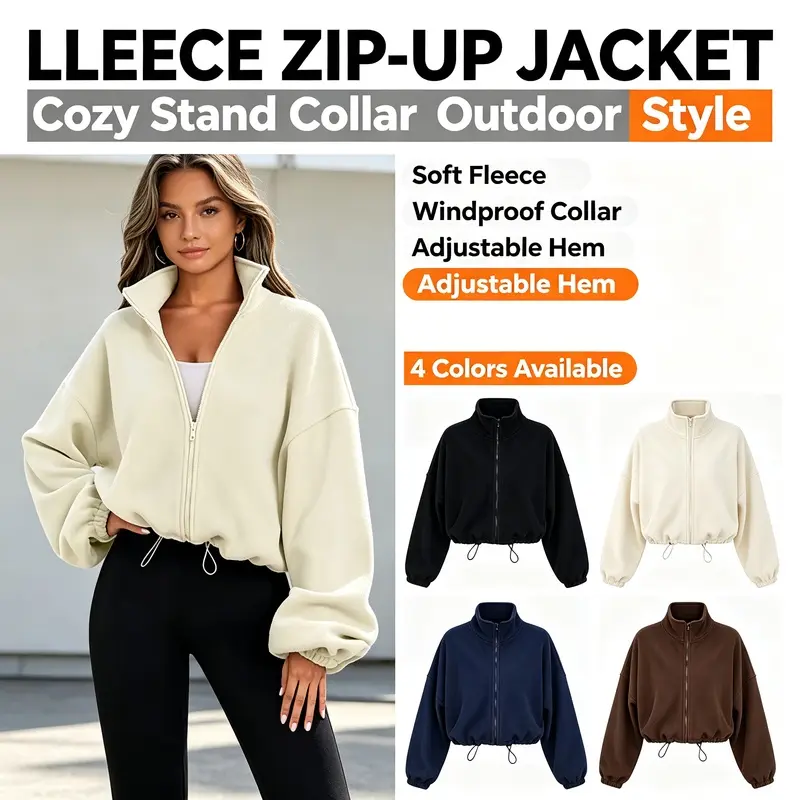 Women’s Fleece Zip‑Up Cropped Jacket, Stand Collar Full Zip Fuzzy Polar Fleece Casual Loose Fit Long Sleeve Sports Outerwear for Fall Daily Wear