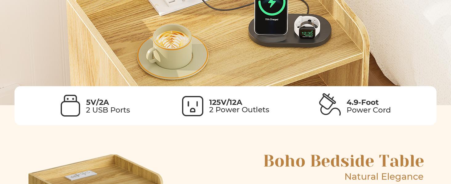 SUPERJARE Nightstands Set of 2, Night Stands with Charging Station & PE Rattan Decor Drawer, Bed Side Tables with Solid Wood Feet, End Table, for Bedroom, Living Room