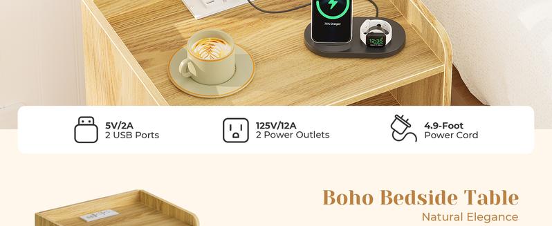 SUPERJARE Nightstands Set of 2, Night Stands with Charging Station & PE Rattan Decor Drawer, Bed Side Tables with Solid Wood Feet, End Table, for Bedroom, Living Room