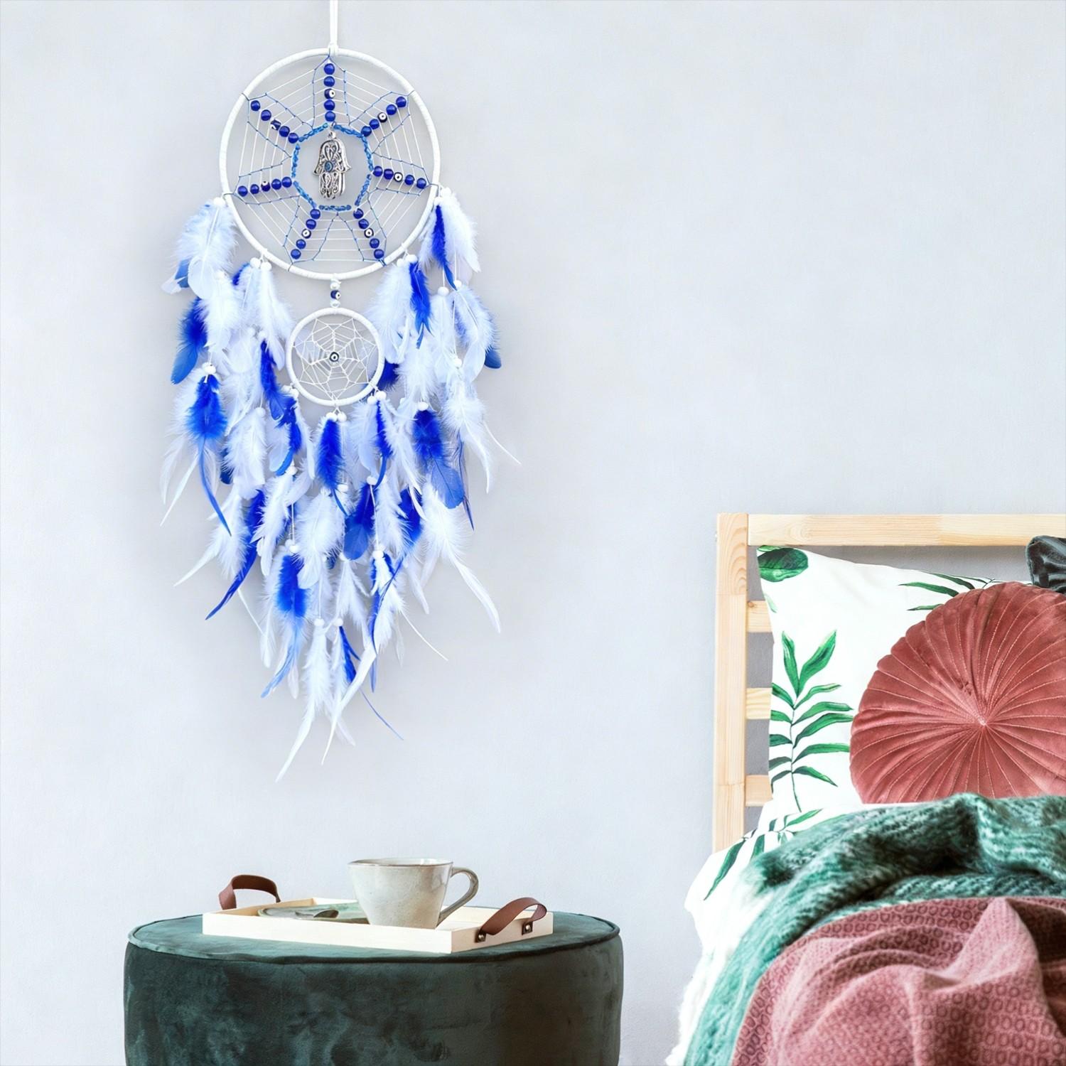 Turkish Style Blue Eye Feather Wind Chime, Demon Eye Dream Catcher, Middle East Bestseller, Unique Decorative Ornament