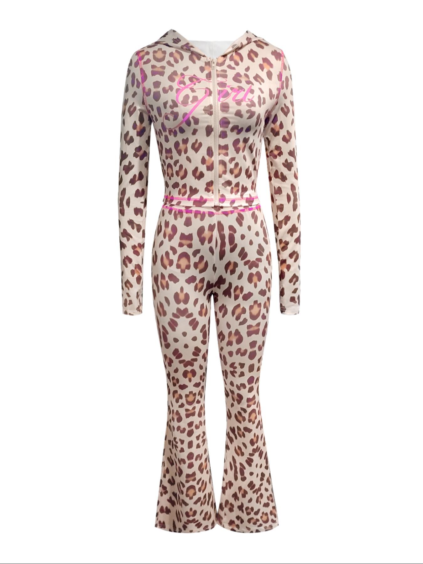 Women's Leopard Print Zip Up Hooded Jacket & Flared Leg Pants Two-piece Set, Casual Long Sleeve Outerwear & Bell Bottom Trousers for Daily Wear, Ladies Summer Clothes Valentine's Day, gift, Fall outfit