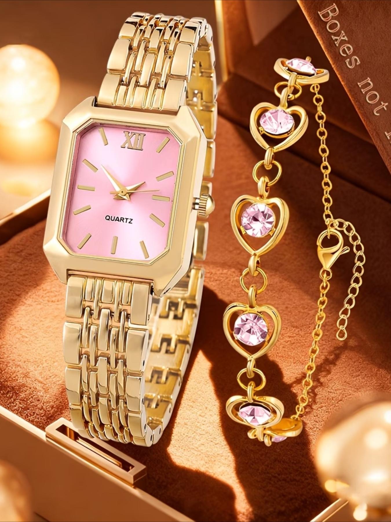 2-piece elegant ladies' watch gift set, fashionable, romantic, luxurious heart bracelet jewelry paired with palace style quartz watch, classic retro rectangular dial, comfortable alloy strap, perfect gift for family and friends