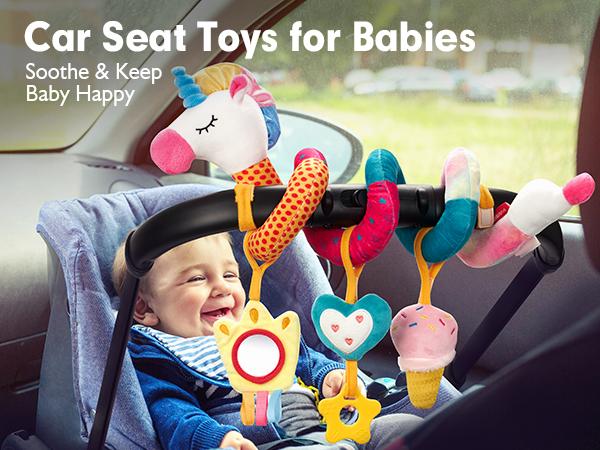 hahaland Car Seat Toys for Babies - Rattle, Mirror, Crinkle, Squeaky Carseat Stroller Toys  Developmental Newborn Baby Shower  0-6 Months Girl - Baby Toys 3-6 Months Gifts Musical Light Up Playpen Nursery Infant Sensory