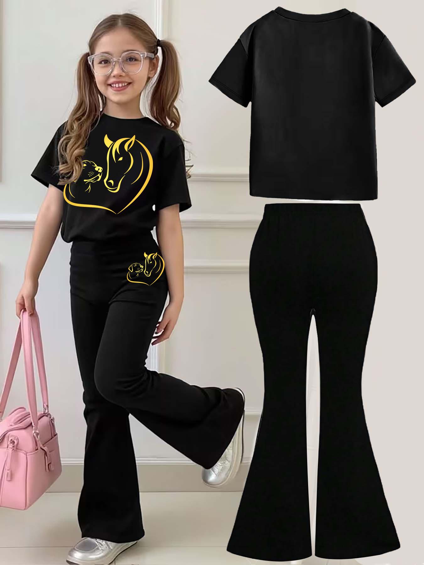 Kids' Casual Set, Horse & Dog Heart Animal Print, Multiple Colors, Machine Washable, Spring & Summer Top, Soft Skin-Friendly Fabric, Daily Wear, Fashion Design