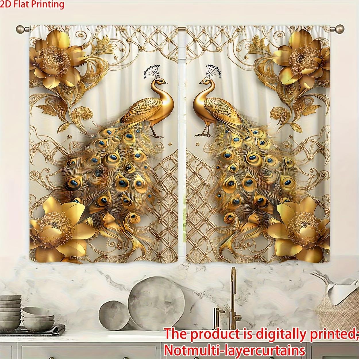 2 pieces, 2D flat printing, polyester material, digitally printed golden peacock pattern filtering curtains, suitable for bedroom, living room, office and home decoration, pole pocket design, suitable for hanging on poles