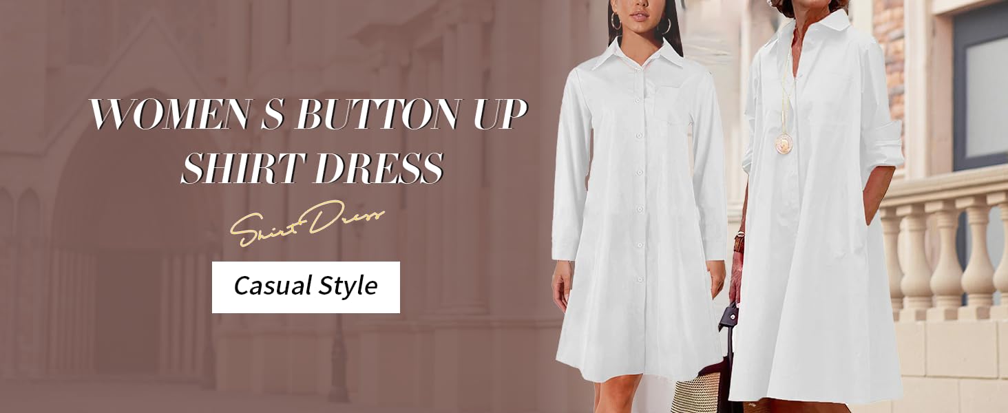 Chouyatou women's spring and summer loose long-sleeved solid color dress casual cotton button-down mid-length shirt dress