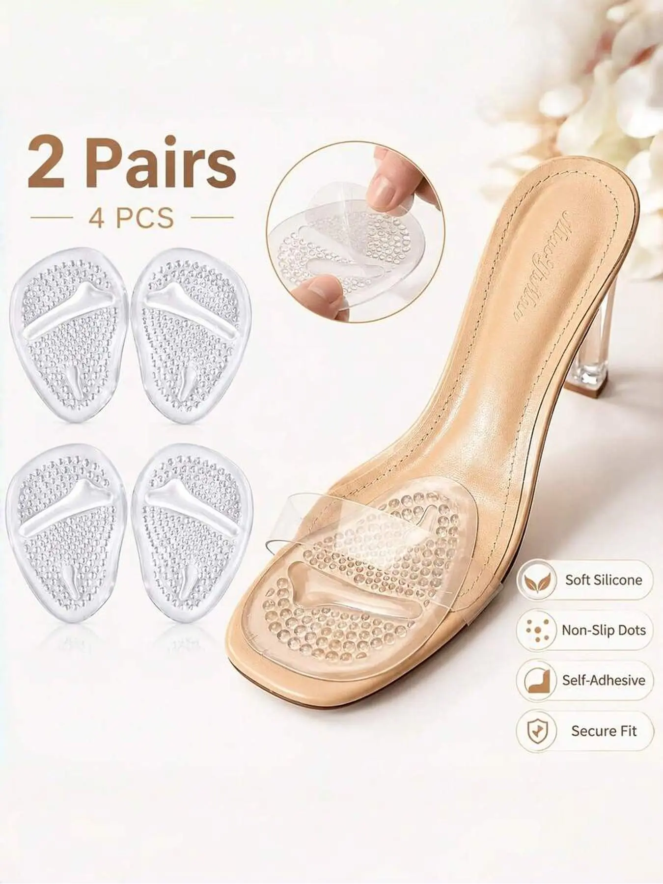 2 pairs of breathable silicone forefoot pads, non-slip and shock-absorbing transparent Clear soft metatarsal pads, suitable for high heels, sandals, flats, daily walking, and foot care.