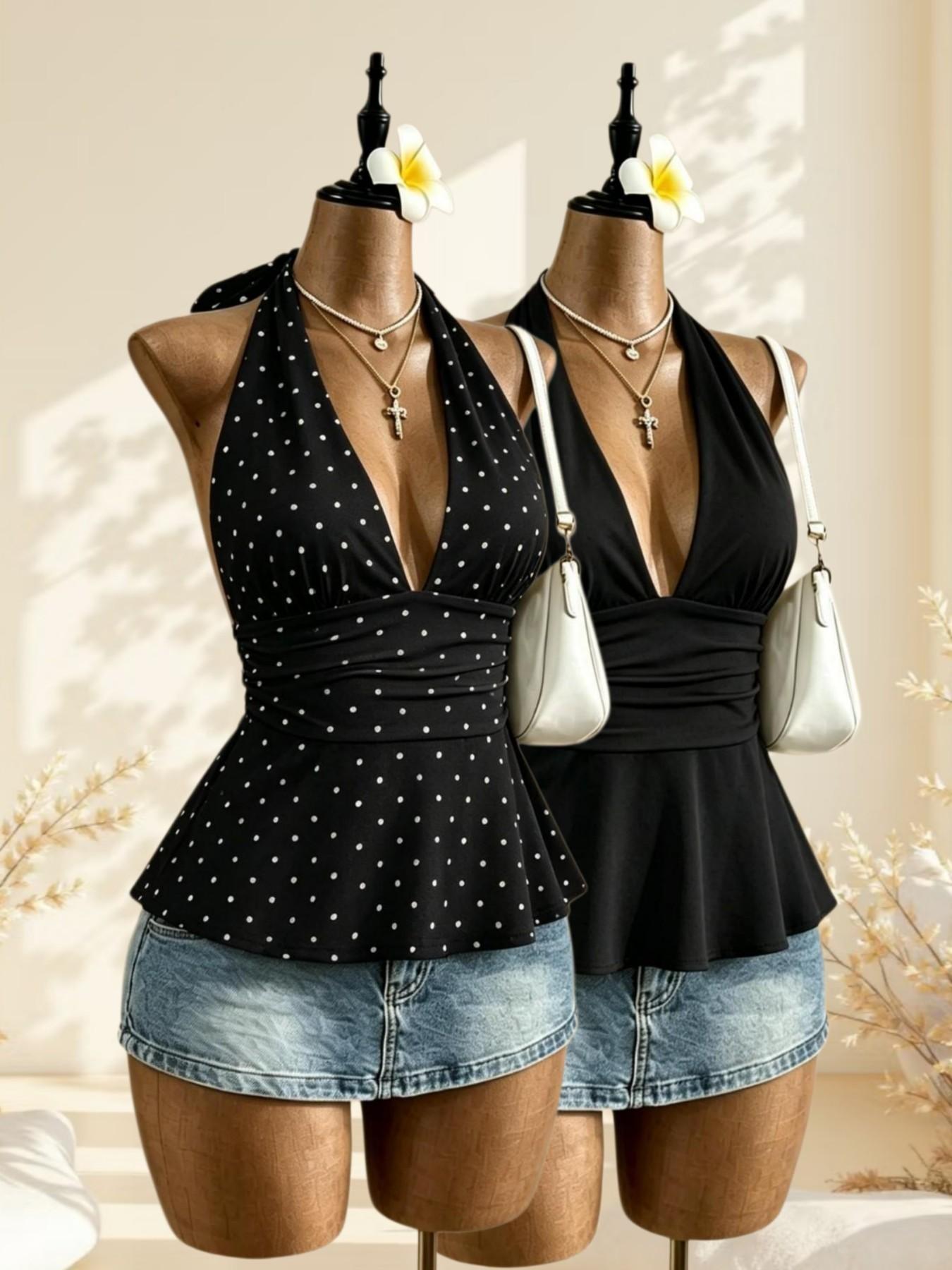 Vintage Sweet Cool Polka Dot Halter Sleeveless Top, Deep V Waist Slimming Ruffle Sexy Shirt, Two Pieces Set, Casual All Seasons Wear Fit