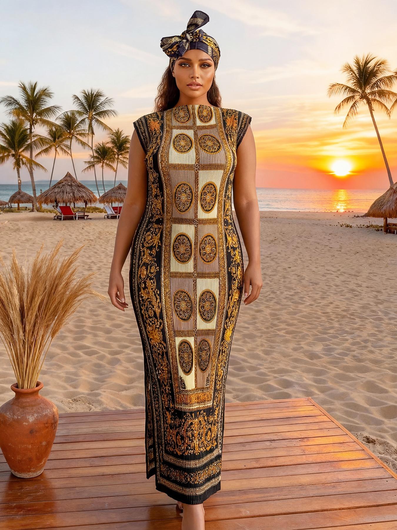 Elegant Pleated Fit and Flare Moo Moo Long Dress with Equestrian Print, Complete Set with Shawl and Long Silk Scarf for Beach Sun Protection, Beach Cover Ups, Swimsuit Cover Up Elegant Pleated Fit and Flare Moo Moo Long Dress with Equestrian Print, Complete Set with Shawl and Long Silk Scarf for Beach Sun Protection, Beach Cover Ups, Swimsuit Cover Up