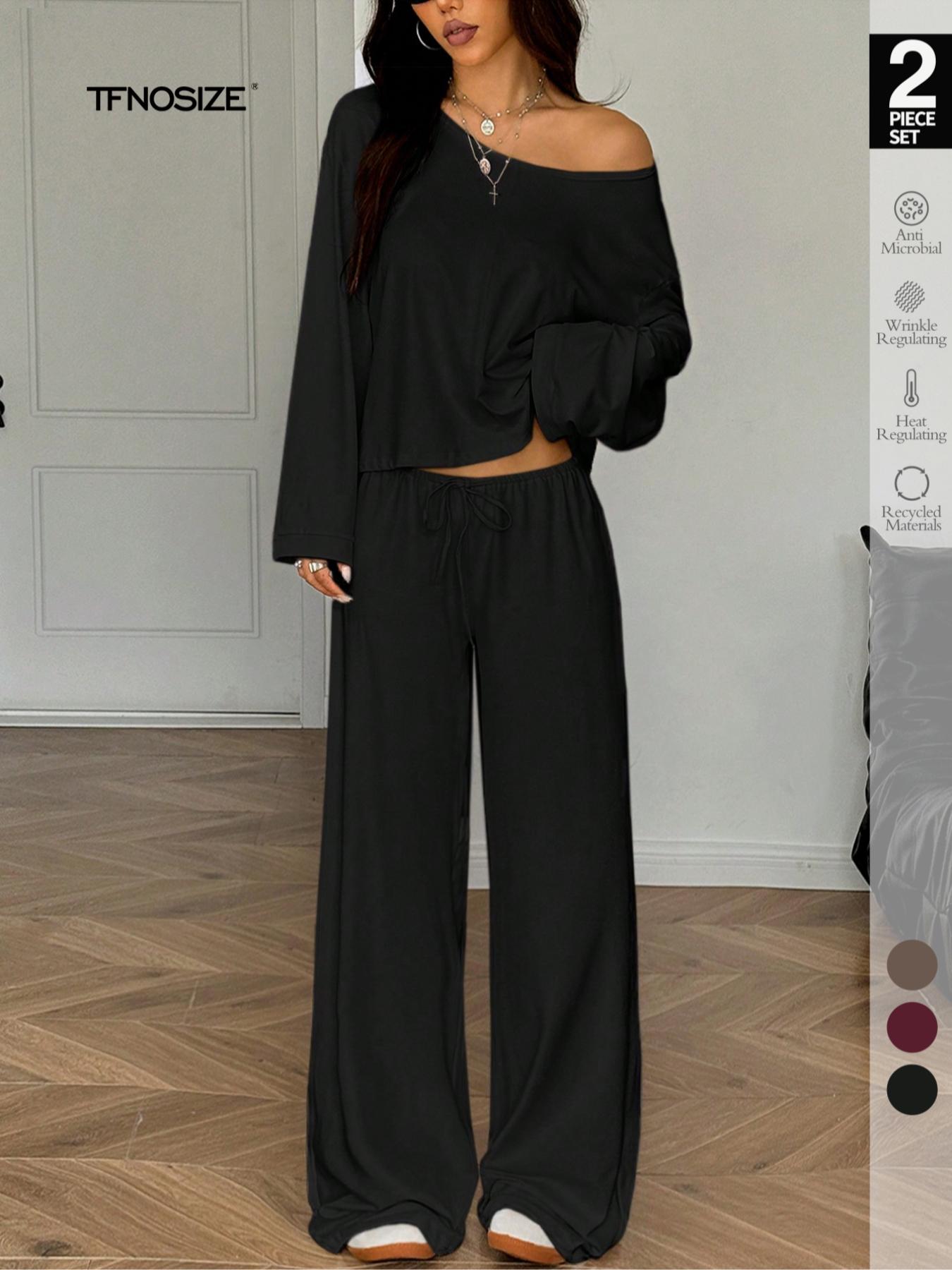 2 Piece Set Women Sleepwear Loungewear, Elegant Simple Solid Color Loose Long Sleeve Thermal Top And Pants pajamas Set, Pjs For Autumn/Winter，All Season Fashion