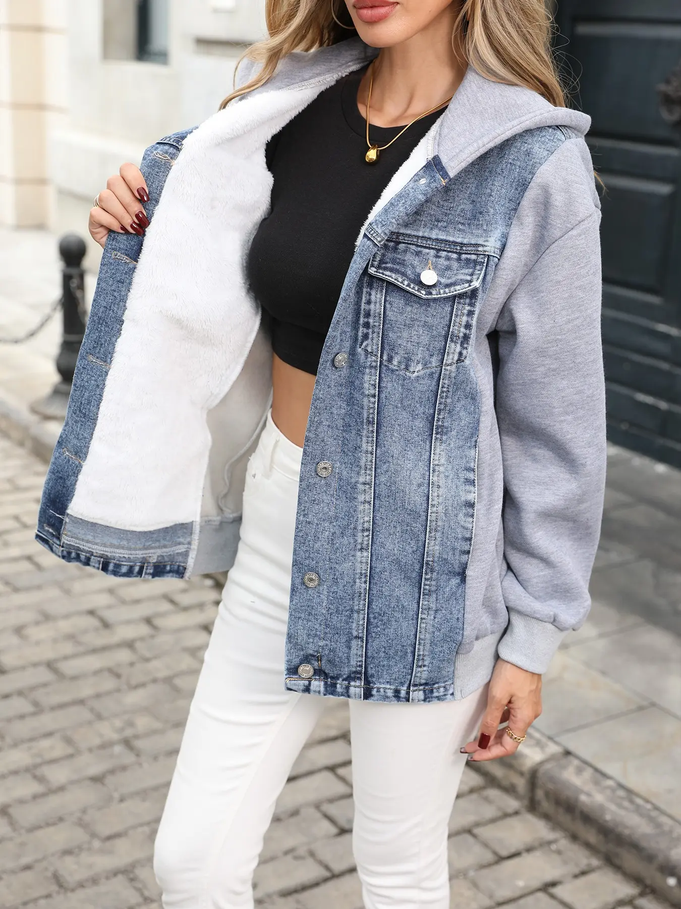 Women's Plus Size Hooded Denim Jacket, Sweatshirt Sleeve Patchwork, Fleece Lined Single Button Warm Denim Coat, Winter Outerwear