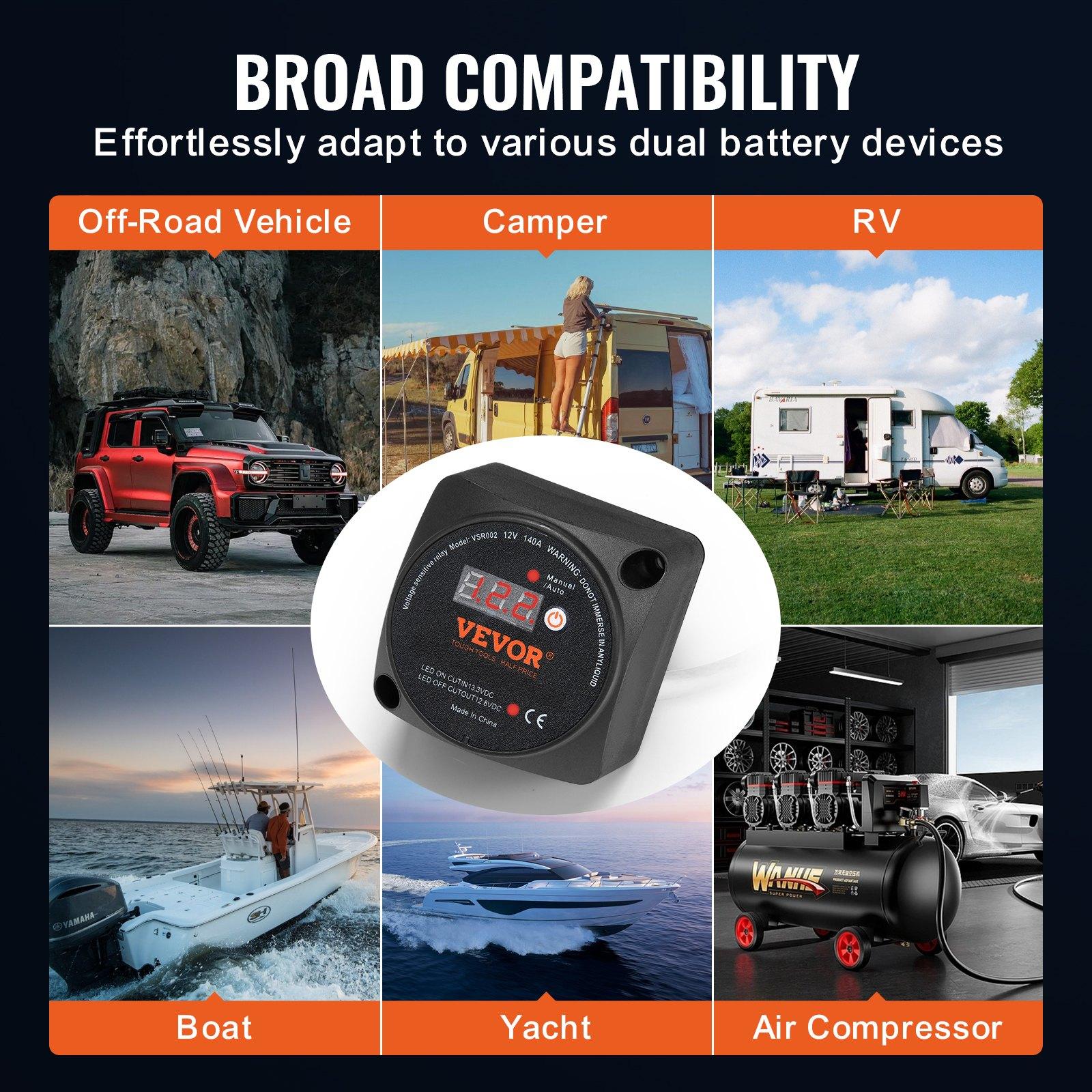 【FathersDayGift】 VEVOR Dual Battery Isolator Kit, 12V 140Amp, Manual and Auto Modes VSR Voltage Sensitive Relay with LCD Screen, Smart Battery Isolator for ATV UTV RV Camper Off-Road Vehicle Caravan Truck Boat Yacht 【FathersDayGift】 VEVOR Dual Battery Isolator Kit, 12V 140Amp, Manual and Auto Modes VSR Voltage Sensitive Relay with LCD Screen, Smart Battery Isolator for ATV UTV RV Camper Off-Road Vehicle Caravan Truck Boat Yacht