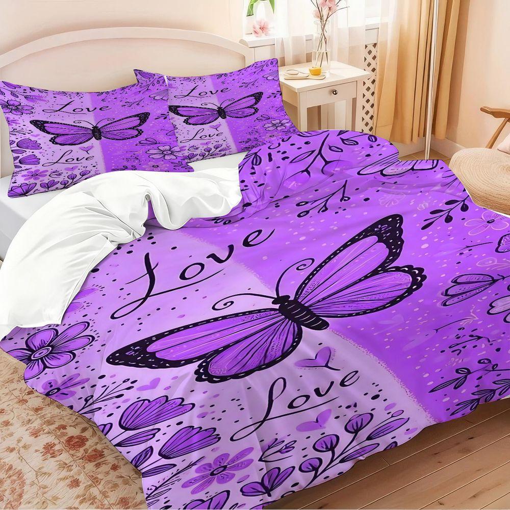 2/3Pcs Whimsical Purple Butterfly Duvet Cover Set, Romantic Floral Design Bedding Set, Soft Microfiber Material, Perfect for Dreamy Bedroom Decor, Love-Themed, Intricate Hand-Drawn Details, Includes 1 or 2 Pillowcase - No filling/Zipper Closure
