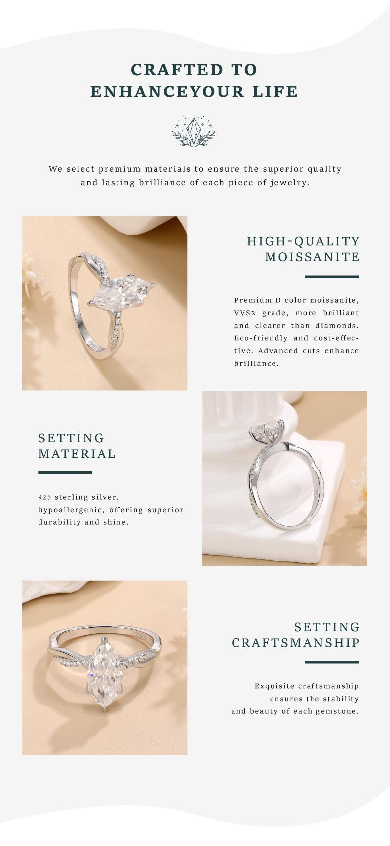 MOI MART 2CT Marquise cut Synthetic Moissanite ring, Engagement Ring in s925 sterling silver, Luxury and Anniversary Stackable Wedding Band jewelry